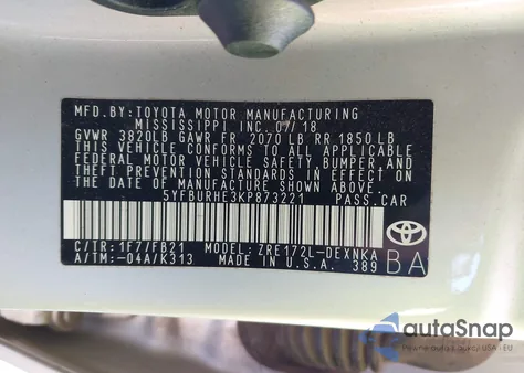 2019 Toyota Corolla Le z USA, uszkodzony, nr VIN 5YFBURHE3KP873221